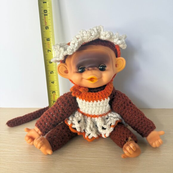 Rare Vintage Rubber Face Stuffed Monkey with Handmade Crochet Dress 1970's - Picture 3 of 6